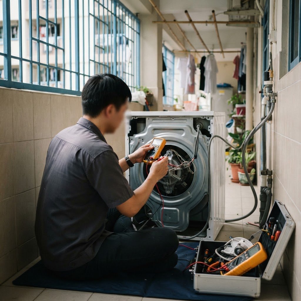 Technician repairing a washing machine in a Singapore home