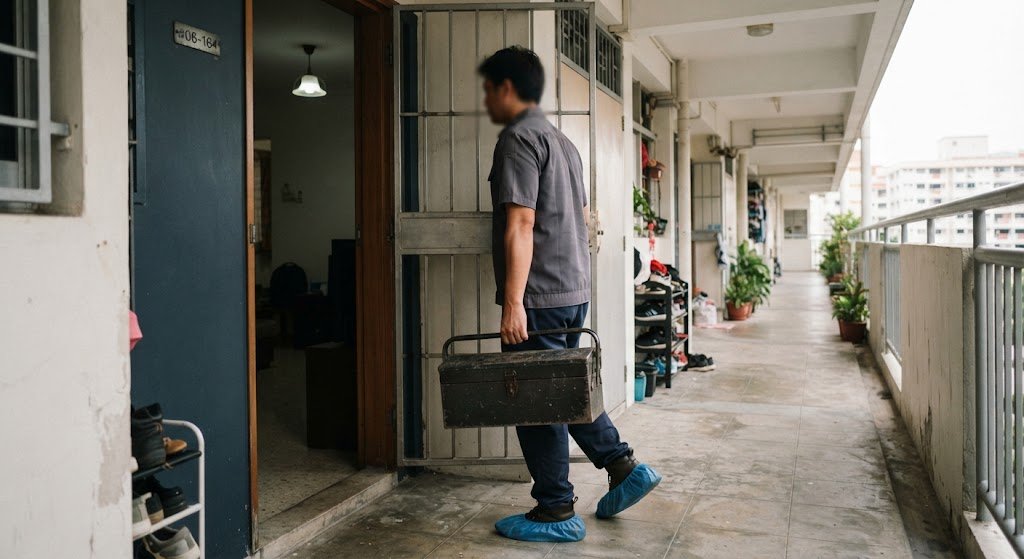 Rosfix technician arriving at a Singapore HDB flat